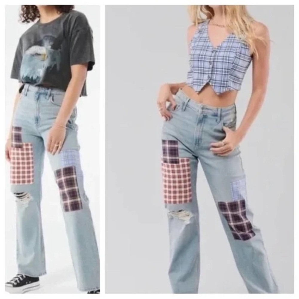 HOLLISTER ULTRA HIGH RISE DAD JEANS Distressed Patchwork Jeans SZ 13 Long